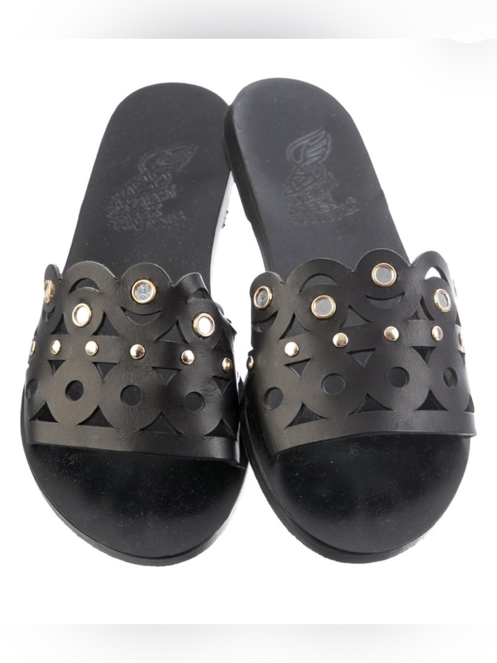Ancient Greek Sandals Maistros Mirrors Black Leather Slides Size: (EU)36 (US)6